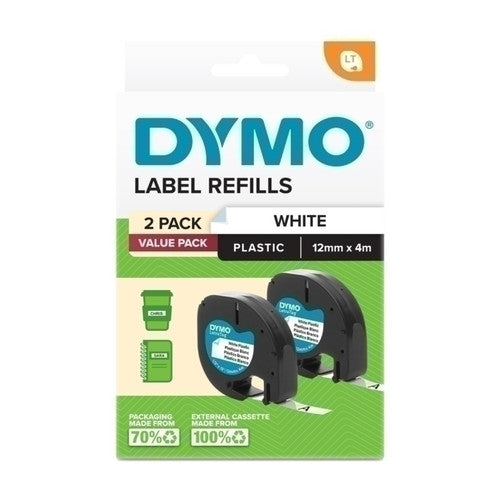 Dymo LetraTag Label Tape 12mm x 4m Black on White Plastic Twin Pack