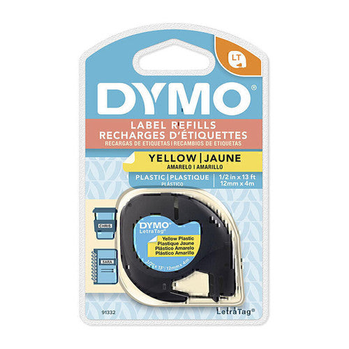 Dymo LetraTag Label Tape 12mm x 4m Black on Yellow Plastic Single Roll