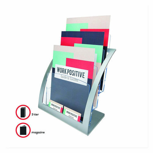 Deflecto 3 Pocket 3 Tier Curved Brochure Holder A4 Silver Clear