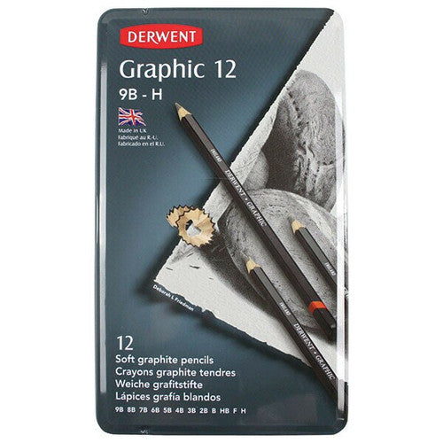 Derwent Academy Graphic Pencils Sketching Set Soft Grades 9B-H Tin 12