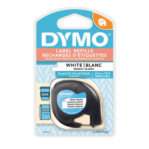 Dymo LetraTag Label Tape 12mm x 4m Black on White Plastic Single Roll