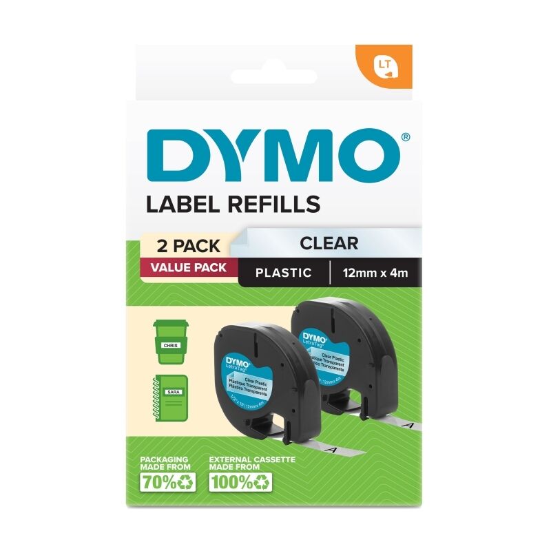Dymo LetraTag Label Tape 12mm x 4m Black on Clear Plastic Twin Pack