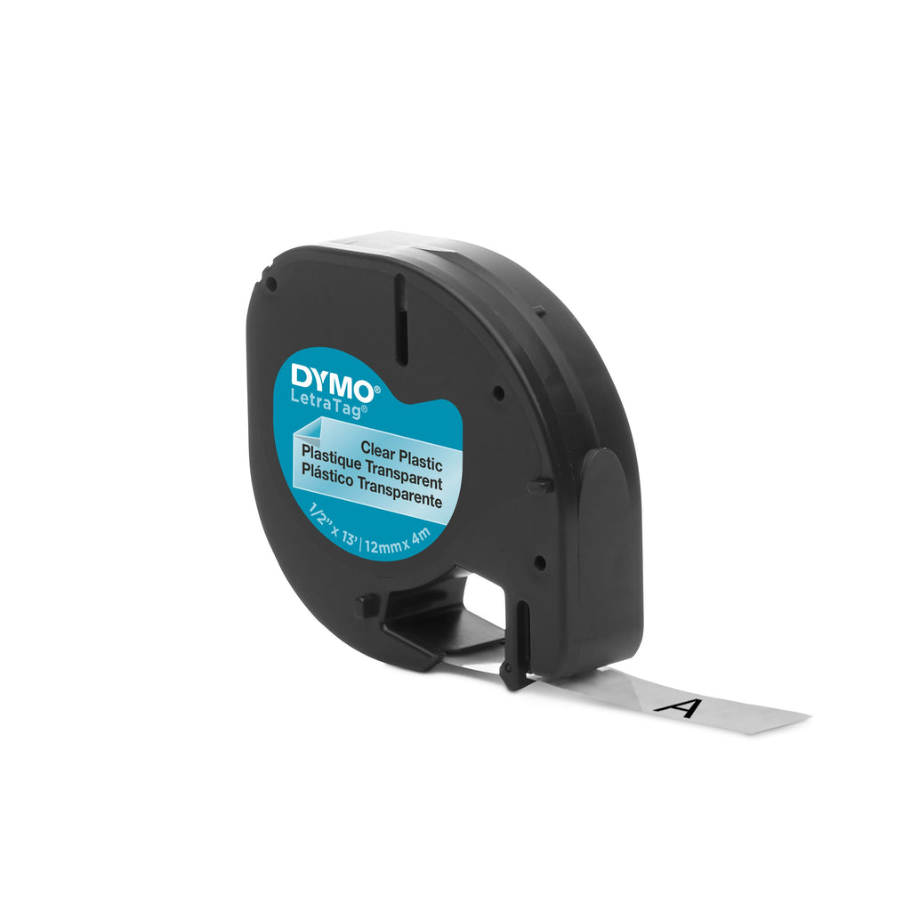 Dymo LetraTag Label Tape 12mm x 4m Black on Clear Plastic Twin Pack