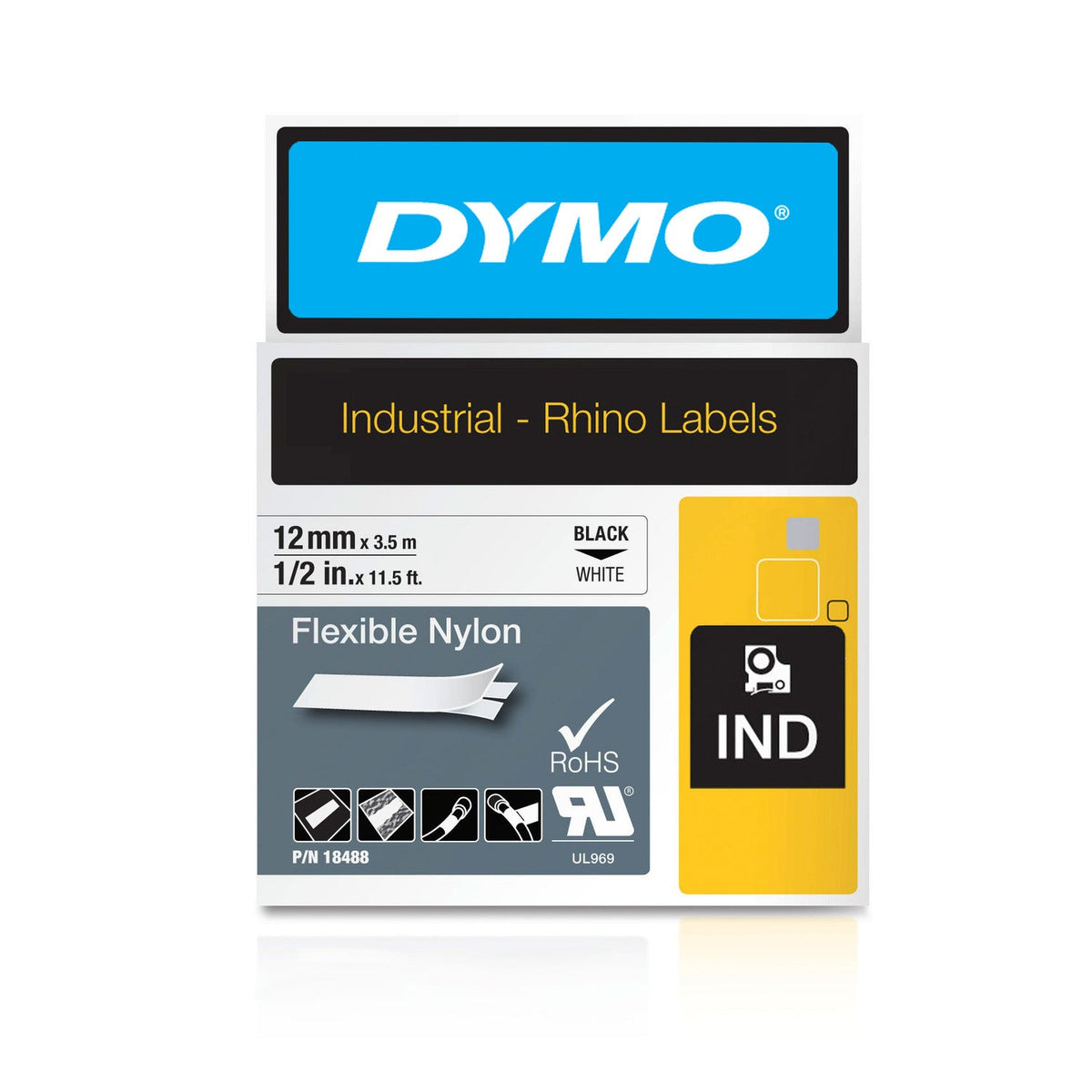 Dymo Rhino Flexible Nylon Label Tape 12mm x 3.5m Black on White