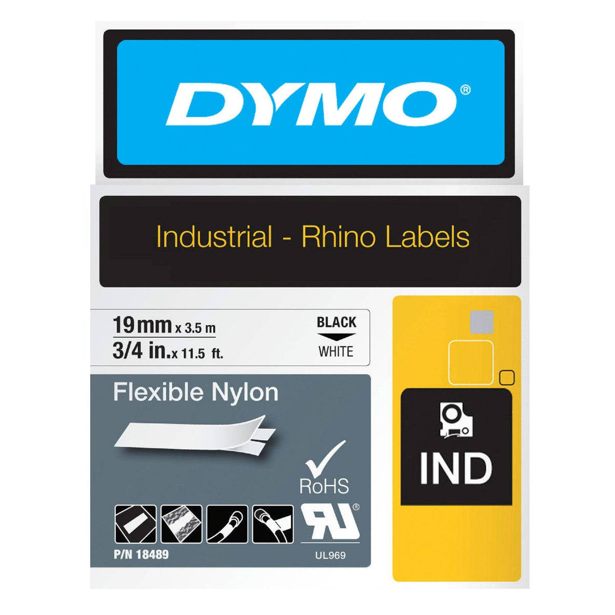 Dymo Rhino Flexible Nylon Label Tape 19mm x 3.5m Black on White
