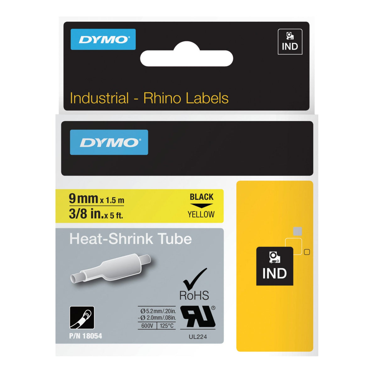 Dymo Rhino Heat Shrink Tube Label Tape 9mm x 1.5m Black on Yellow