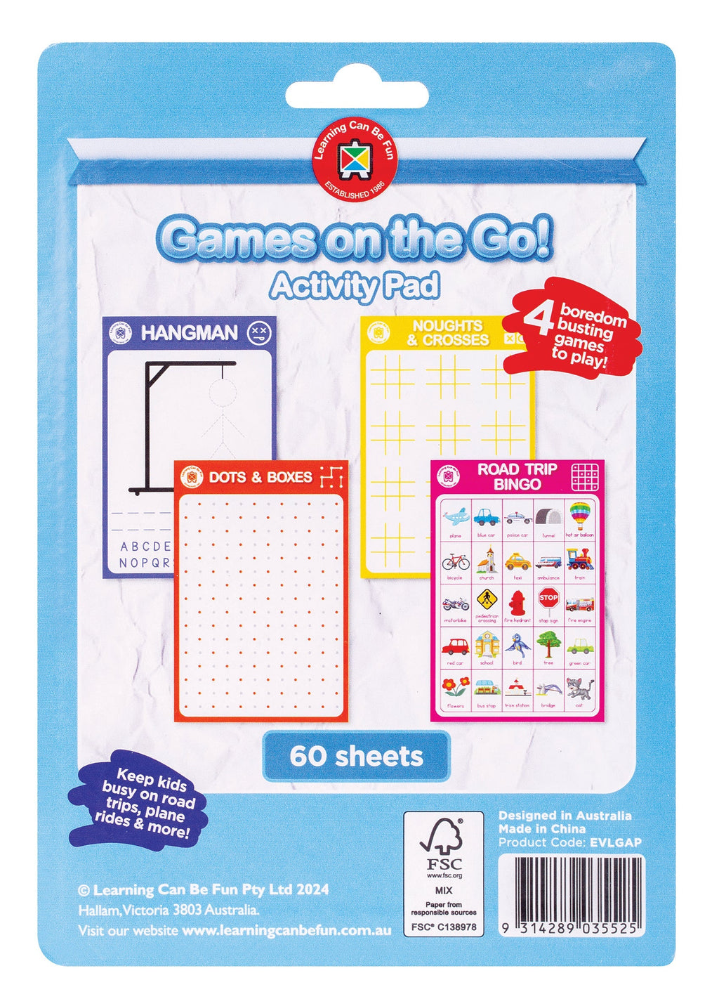 Games on the Go Activity Pad 60 Pages Dots Boxes Hangman Bingo