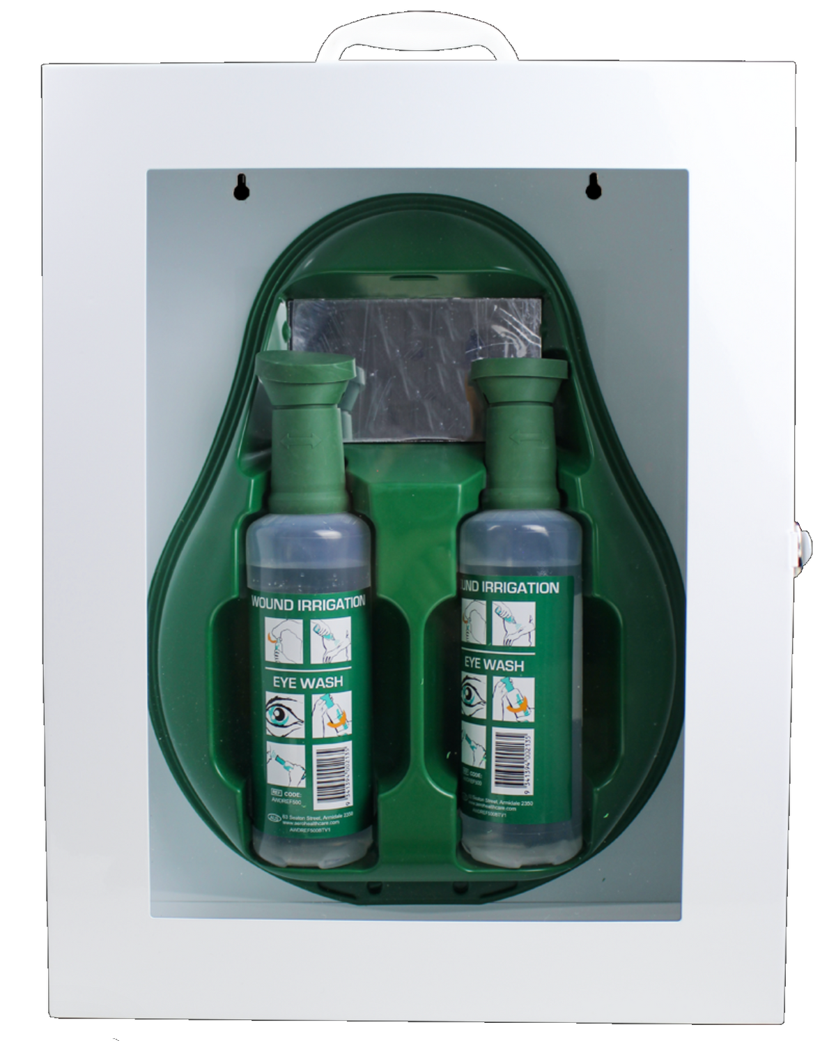 AeroWash Eyewash Brackets in Metal Cabinet with Perspex Front