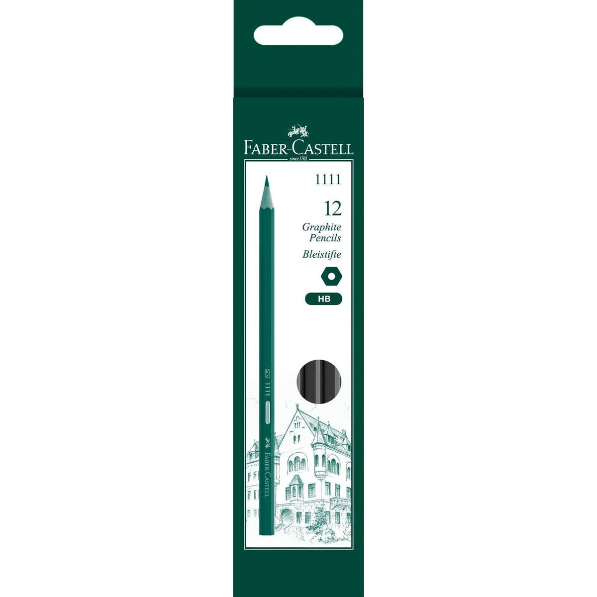 Faber-Castell 1111 box of 12 HB graphite pencils in dark green hanging pack with castle illustration, HB hexagon icon and black pencil ends visible through the window