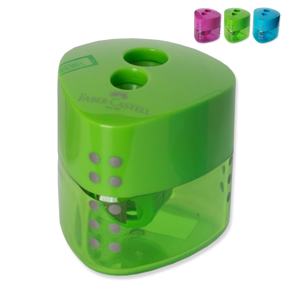 Faber-Castell Grip double hole pencil sharpener in green with two holes, raised grey grip dots and translucent shavings reservoir, with pink and blue versions shown