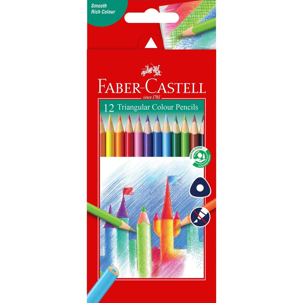 Faber-Castell 12 Triangular Colour Pencils pack in red box showing twelve colour pencil tips above a coloured castle drawing, with FSC and break resistant icons
