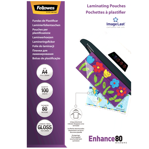 Fellowes ImageLast Laminating Pouches A4 80mic Gloss Pack 100