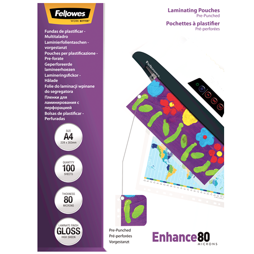 Fellowes Laminating Pouches A4 80mic Gloss Pre-Punched Pack 100