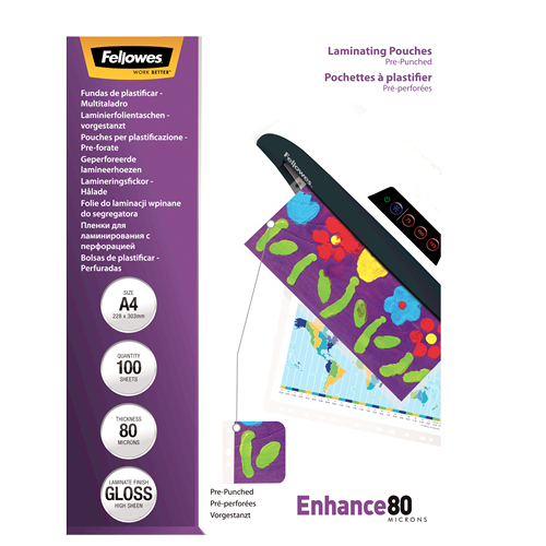 Fellowes Laminating Pouches A4 80mic Gloss Pre-Punched Pack 100