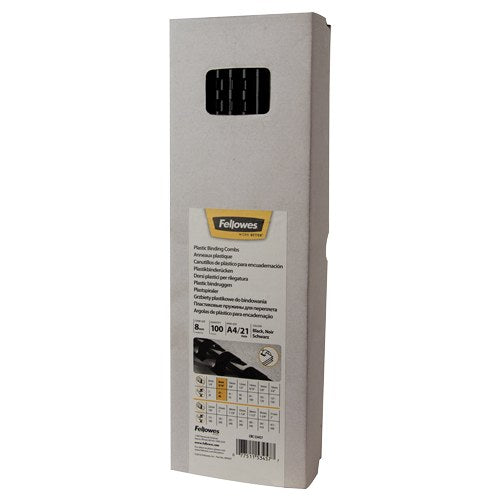 Fellowes Plastic Binding Combs 21 Ring 8mm Round Black Pack 100