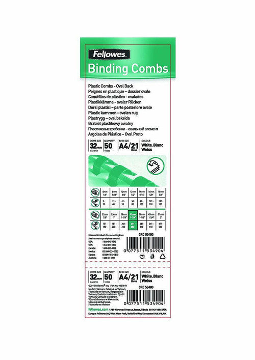 Fellowes Plastic Binding Combs 21 Ring 32mm Oval White Pack 50