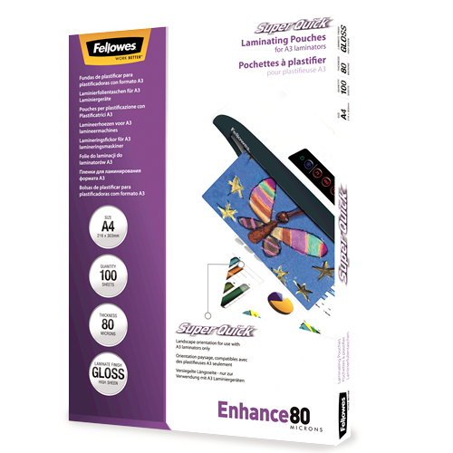 Fellowes SuperQuick Laminating Pouches A4 80mic Gloss Pack 100