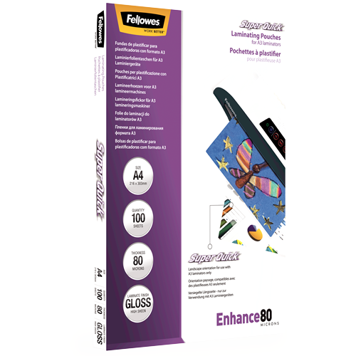 Fellowes SuperQuick Laminating Pouches A4 80mic Gloss Pack 100