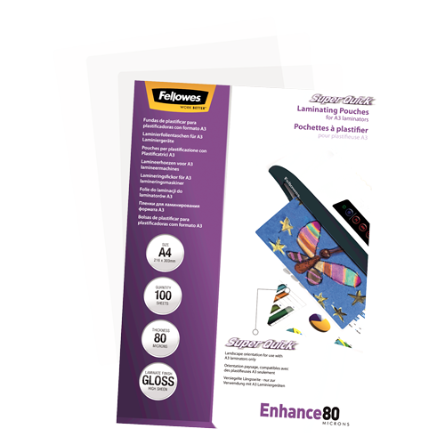 Fellowes SuperQuick Laminating Pouches A4 80mic Gloss Pack 100