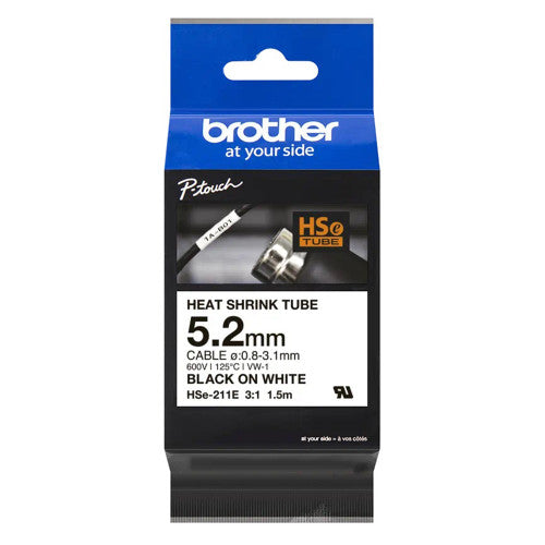Brother HSe-211E Heat Shrink Tube Cassette 5.2mm x 1.5m Black on White