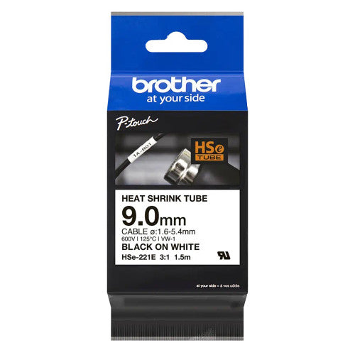 Brother HSe-221E Heat Shrink Tube Cassette 9mm x 1.5m Black on White