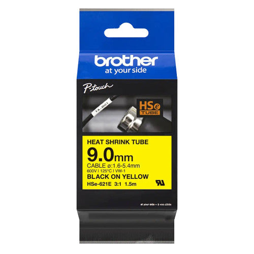Brother HSe-621E Heat Shrink Tube Cassette 9mm x 1.5m Black on Yellow
