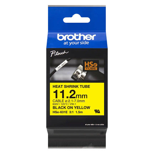Brother HSe-631E Heat Shrink Tube Cassette 11.2mm x 1.5m Black on Yellow