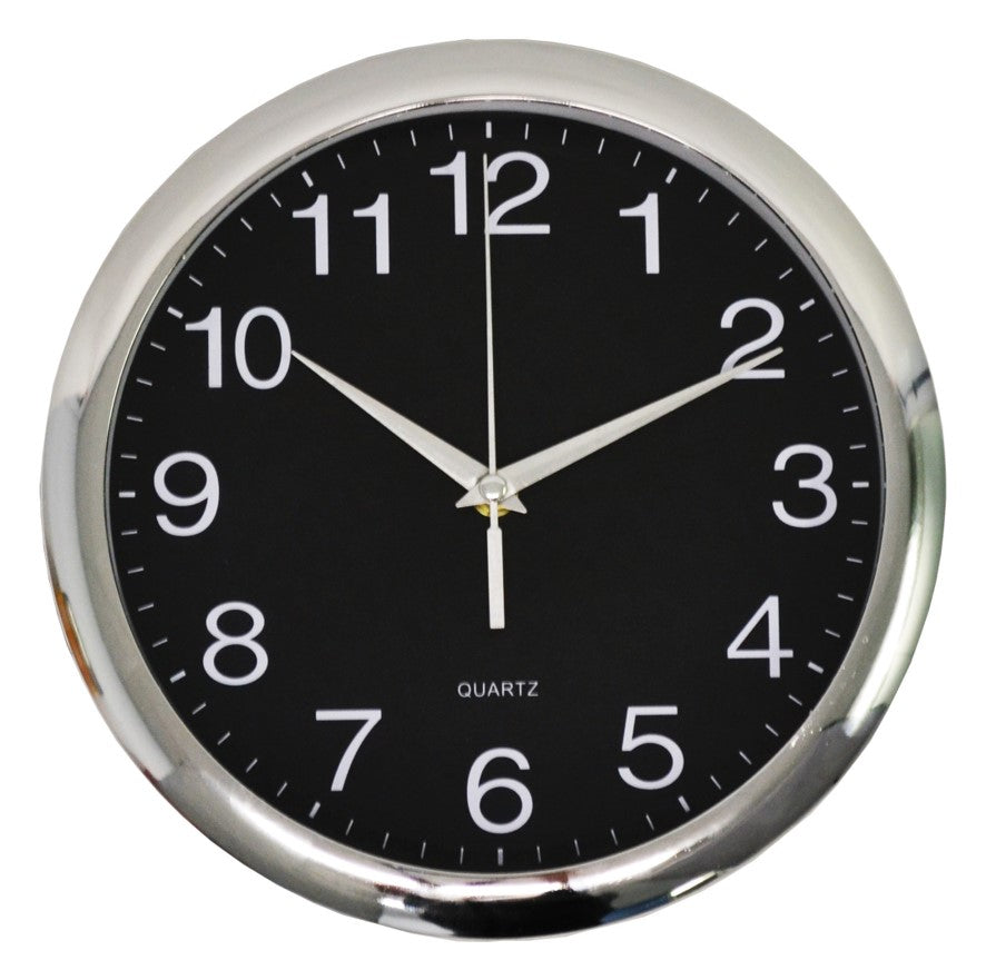 Italplast Wall Clock 30cm Black Face Chrome Trim