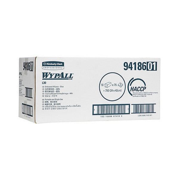 WypAll L30 Embossed Wiper Single Sheet 3 Ply Blue 75 Sheets Packs of 10