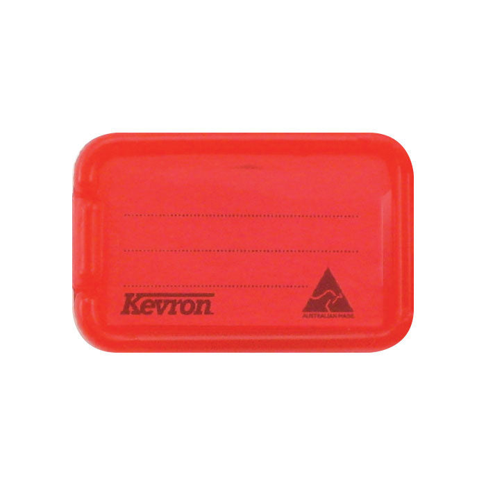 Close up of a red Kevron ID5 key tag showing the dotted writing lines on the paper insert, the Kevron name and the Australian Made logo