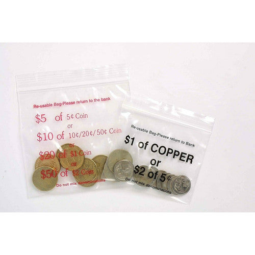 Cumberland Press Seal Coin Bags Clear Printed 110 x 100mm 60 Micron Pack of 100
