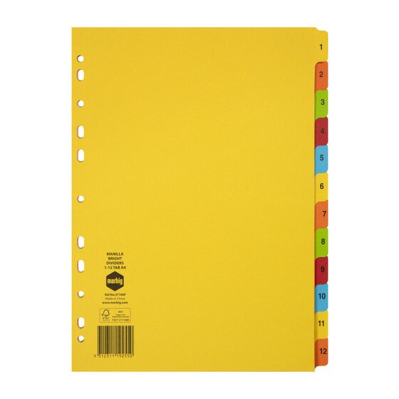 Marbig Indices and Dividers 1-12 Tab Manilla A4 Brights Pack of 25