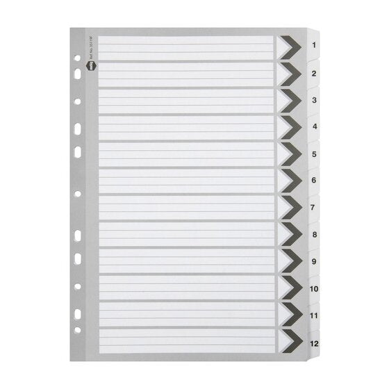 Marbig Indices and Dividers 1-12 Tab Reinforced A4 Black and White