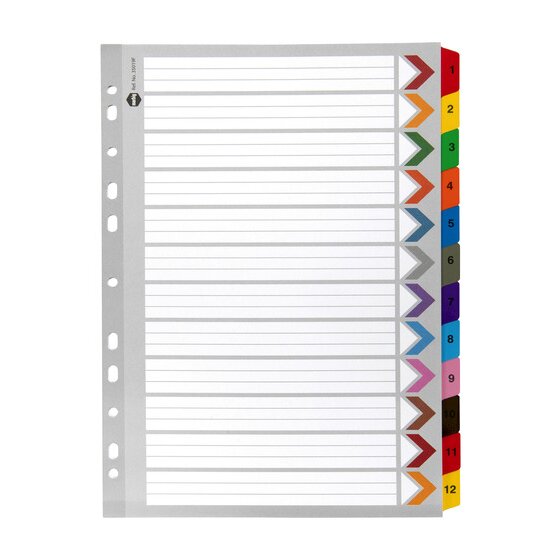 Marbig Indices and Dividers 1-12 Tab Reinforced A4 Multi Colour