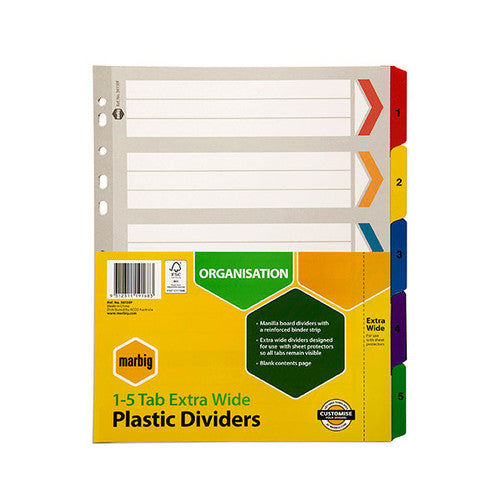 Marbig Indices and Dividers 1-5 Tab Manilla A4 Extra Wide Multi Colour