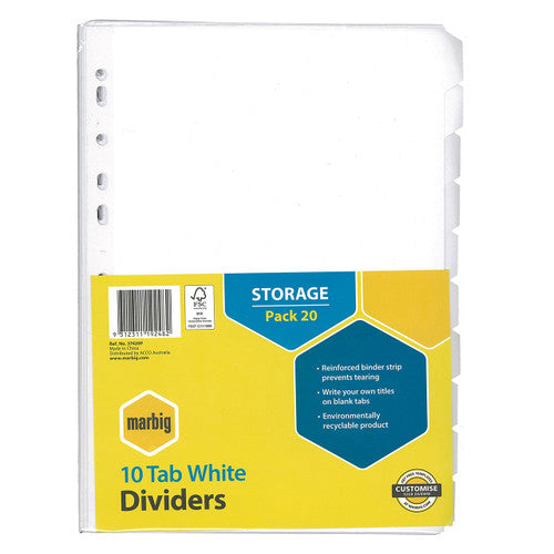 Marbig Indices and Dividers 10 Tab Manilla A4 White Bulk Pack of 20