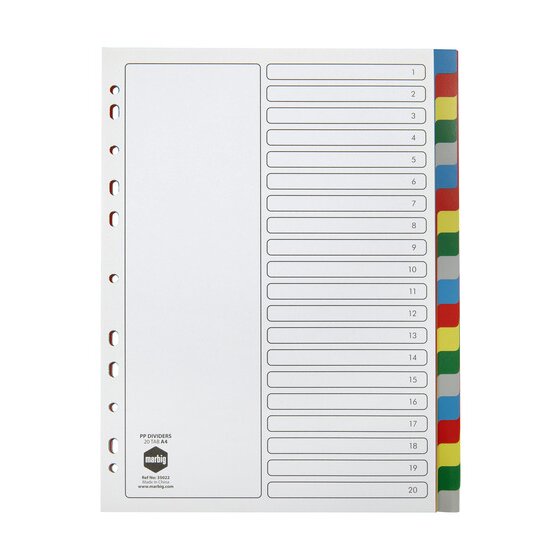 Marbig Indices and Dividers 20 Tab PP A4 Multi Colour
