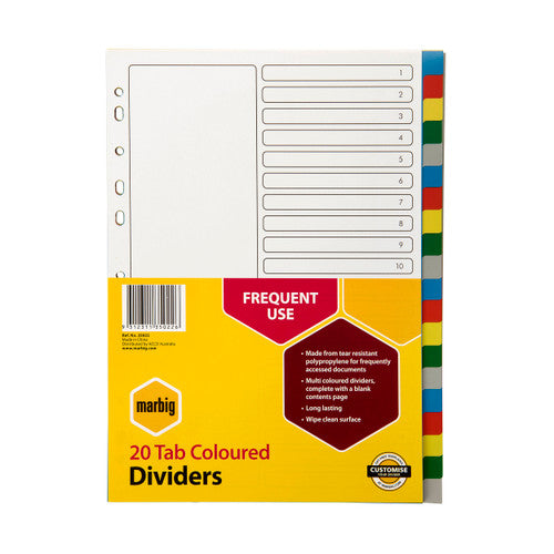 Marbig Indices and Dividers 20 Tab PP A4 Multi Colour