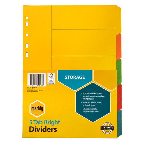 Marbig Dividers 5 Tab Manilla A4 Brights Pack of 10