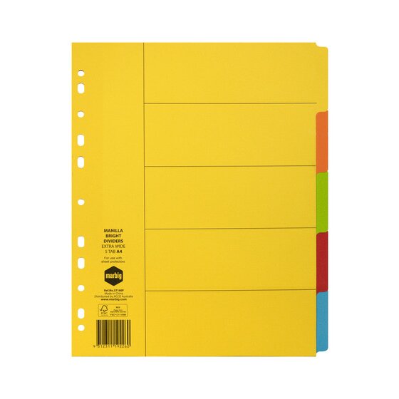 Marbig Indices and Dividers 5 Tab Manilla A4 Extra Wide Brights