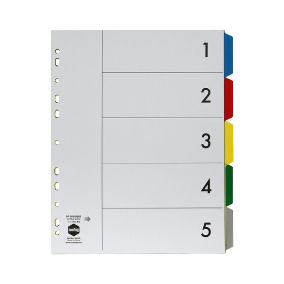 Marbig Indices and Dividers 5 Tab PP A4 Extra Wide Multi Colour