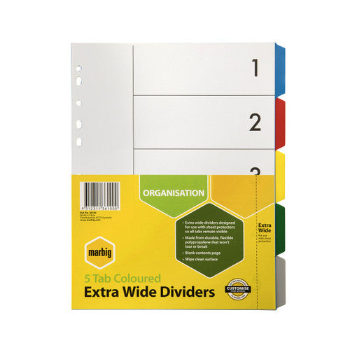 Marbig Indices and Dividers 5 Tab PP A4 Extra Wide Multi Colour