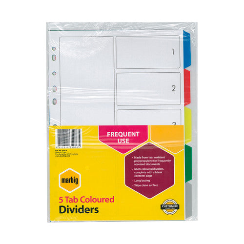 Marbig Indices and Dividers 5 Tab PP A4 Multi Colour