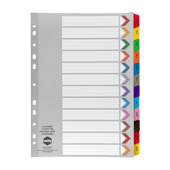 Marbig Indices and Dividers Financial Year Tab Reinforced A4 Multi Colour