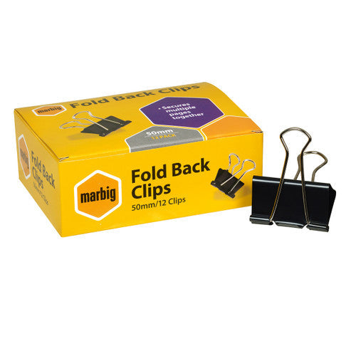 Marbig Fold Back Clips 50mm Black Box of 12