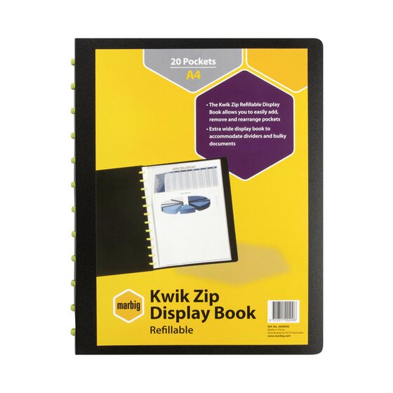 Marbig Kwik Zip Refillable Display Book 20 Pocket A4 Black