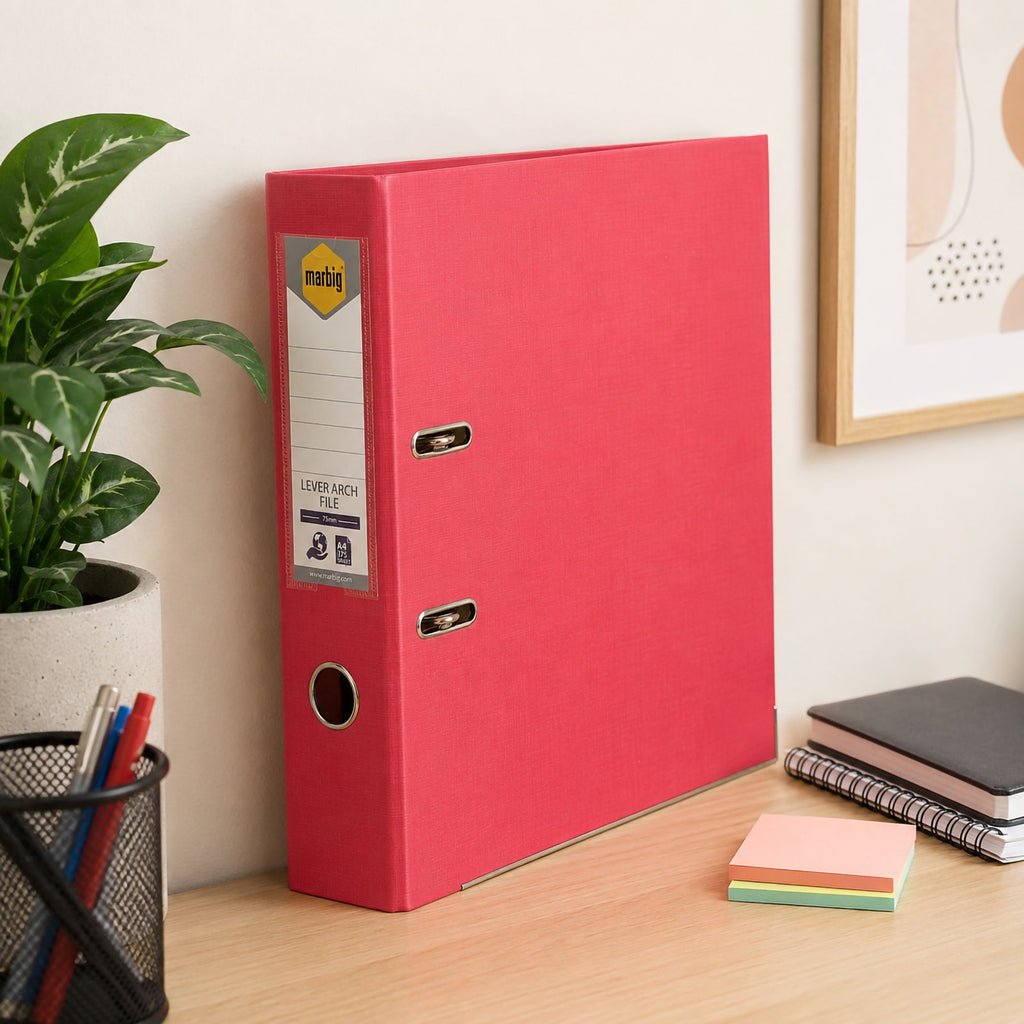 Marbig Lever Arch File PE Linen A4 Coral Box of 10