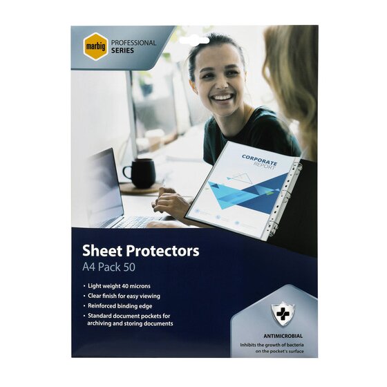 Marbig Professional Sheet Protectors Antimicrobial A4 Pack of 50 Box of 10