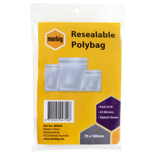 Marbig Resealable Polybags 75mm x 100mm Pack of 50