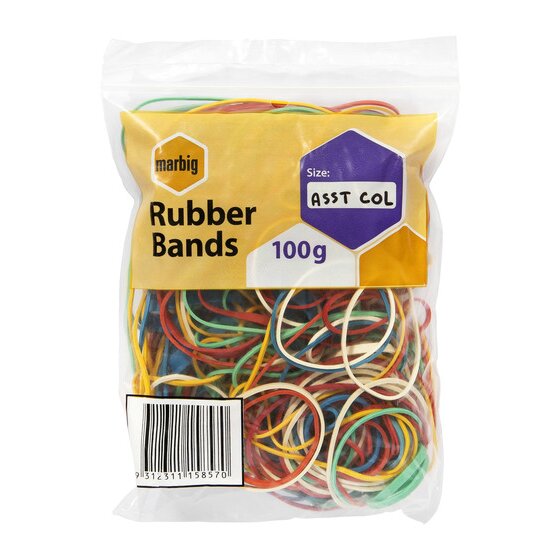 Marbig Rubber Bands Assorted Sizes and Colours 100g Carton of 10